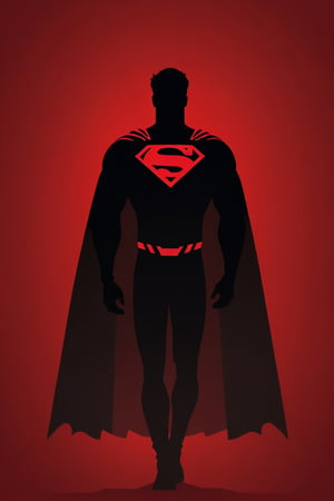 the black silhouette of Superman in front of a red background, dark red cape, in the style of movie poster, stark minimalism, symmetry, silhouette