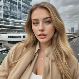 a young American woman, 23 years old, with blonde hair. green eyes, wearing a beige coat and denim pants, looking at the sky
