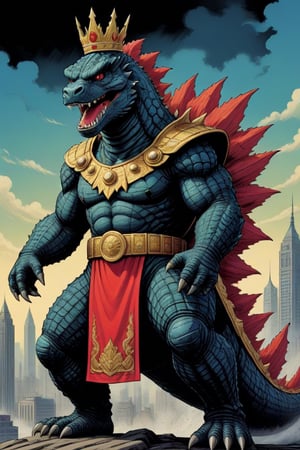 vintage comic book illustration, anthropomorphic Godzilla, wearing a king's costume,  cinematic pose, graphic illustration, comic art, graphic novel art, vibrant, highly detailed,,<lora:659095807385103906:1.0>