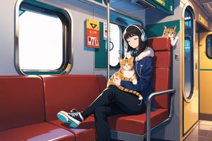 masterpiece, high quality,  (2d flat illustration), 1 woman traveling on a train, listening to music on headphones, wearing winter clothes with her cat sitting next to her