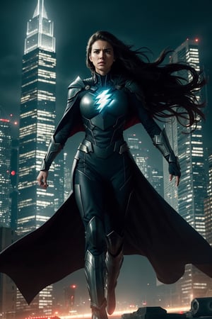 Amidst a cityscape of towering skyscrapers and neon-lit streets, chaos brews—a scene set for our formidable female superhero to emerge. With a flash of light and a rush of wind, she descends from the sky, a vision of power and valor. Her costume, a blend of sleek design and resilient armor, gleams under the city lights, a symbol of unwavering strength. She moves with an agile grace, each step a testament to her prowess. Her cape billows behind her, a flowing emblem of determination that dances with the rhythm of her movements. Eyes, bright and focused, scan the cityscape for signs of trouble. Her gaze holds a steely resolve, a reflection of her commitment to protect and defend. The city's cries for help echo in her ears, guiding her toward the heart of the turmoil. With lightning speed, she springs into action, a force to be reckoned with. Her abilities, honed through dedication and training, manifest in awe-inspiring displays of power. Whether it's superhuman strength, dazzling agility, or a mastery of elements, she wields her gifts with a sense of responsibility. In the heat of battle, she stands unwavering—a beacon of hope amidst the chaos, a guardian determined to shield the innocent from harm. Her actions are swift and decisive, calculated yet fueled by a deep-seated compassion for those in need. The city witnesses her bravery firsthand, as she faces adversaries with unwavering resolve, never faltering in her mission to defend the vulnerable and uphold justice. In this urban symphony of turmoil and heroism, she is not just a superhero; she's a symbol of courage, resilience, and unwavering determination—a protector whose valor inspires hope in the darkest of moments.,REALISTIC,Epicrealism