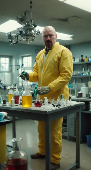 50 yo man, walter white, breaking bad, in a yellow lab suit, in his chemistry lab, fantasy, cinematic