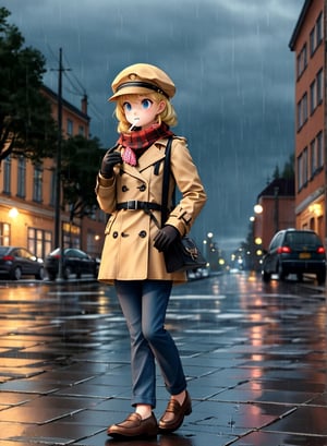 1girl, a spy, overcast Stockholm, paving stones, late evening, 20th century, raining, rain drops, moist air, dark mystery theme, flat cap, blonde tri drills hair, a plaid trench coat, collared shirt, wool scarf, bell-bottoms, leather gloves, oxford loafers, smoking a cigarette, (vignette1.2), 