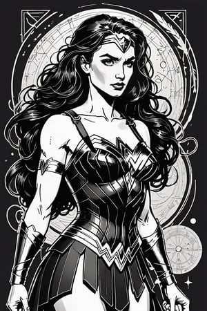 dark, gritty, realistic, mix of bold dark lines and loose lines, bold lines, on paper, turnaround character sheet, a stunningly beautiful (masterpiece, best quality:1.3), (2d:1.3), ink (medium), t-shirt design, White background, Full body, 2D illustration,  (((Wonder Woman))). bits of color, Sketch book, hand drawn, dark, gritty, realistic sketch, Rough sketch, mix of bold dark lines and loose lines, bold lines, on black paper, turnaround character sheet. Half body, ((she is looking over her shoulder)), ((she's wearing a lacy Victorian dress)), arcane symbols, runes, dark theme, flowing partially braided Black hair, large long ponytail, (sharp lines), lines of bold ink, strong outlines, bold strokes, high contrast, (professional vector), best quality, flat colors, flat lights, no shadows, low levels, ((geometric shapes)), paint splatters, arcane symbols, runes, dark theme, Perfect composition golden ratio, masterpiece, best quality, 4k, sharp focus. Better hand, perfect anatomy, ((safe for work))