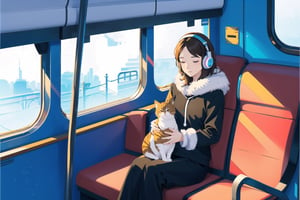 masterpiece, high quality,  (2d flat illustration), 1 woman traveling on a train, listening to music on headphones, wearing winter clothes with her cat sitting next to her