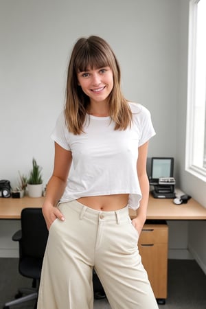 RAW Photo, DSLR BREAK a young caucasian woman with bangs, (light smile:0.8), (smile:0.5), wearing relaxed shirt and trousers, causal clothes, (looking at viewer), focused, (modern and cozy office space), design agency office, spacious and open office, Scandinavian design space BREAK detailed, natural light