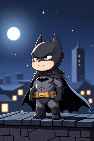 traditional anime style, adorable chibi character, exaggerated expressions, the batman standing on a rooftop, brooding, nighttime, , cute overload,<lora:659095807385103906:1.0>