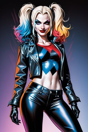 midshot, cel-shading style, centered image, ultra detailed illustration of Harley Quinn, posing, ((Full Body)), wearing leather pants, leather jacket, (tetradic colors), inkpunk, ink lines, strong outlines, art by MSchiffer, bold traces, unframed, high contrast, cel-shaded, vector, 4k resolution, best quality, (chromatic aberration:1.8)