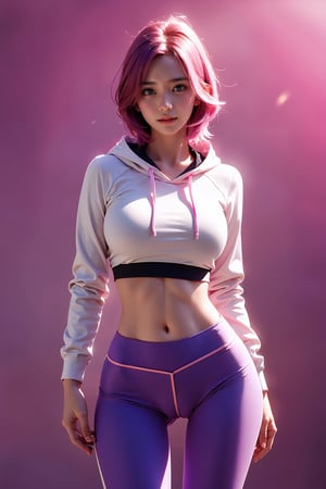 Masterpiece, (Top Quality: 1.4), Highly Detailed, High Resolution, (Photorealistic: 1.2), (Sharp Focus), 1girl, 20 years old, smooth face, tight pink leggings and crop top hoodie wearing, cameltoe, (thigh gap 1.1)((big natural  breasts)), beautiful face, detailed perfect face, perfect proportions, big breasts, thin waist,(), ((purple pink hair)), navel, crotch gap, thighs, petite, detailed facial features, details, symmetry sex, cinematic lighting, cameltoe, pink background,1 girl,eungirl
