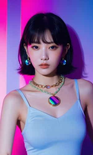 xxmixgirl, woman with a necklace and a necklace with a neon sign in the background, popular korean makeup, character album cover, dark psychedelia style, joy, promotional photoshoot, with a dark fringe, vogue cover style, promotional render, center parted curtain bangs