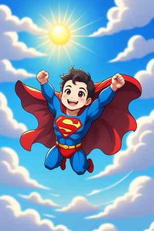 traditional anime style, adorable chibi character, exaggerated expressions, thesuperman floating in the sky, smiling, sunny day, cute overload,<lora:659095807385103906:1.0>