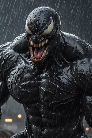 Portrait of very big body muscular Venom, very very wet rain, stormy  weather, snowing, leading, closeup, night, in front of hell, dark outfit, Detailed, with light reflection, Storming, movie, battle, many particles, hyper-realistic, award-winning, 8k