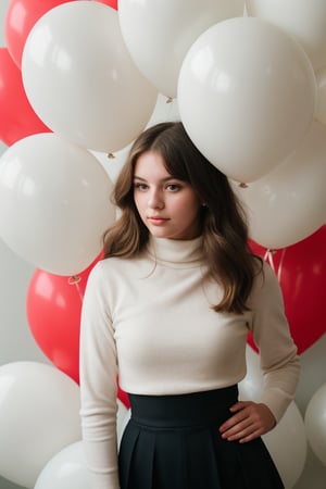 fashion portrait photo of beautiful 20 year young woman from the 60s wearing a red turtleneck standing in the middle of a ton of white balloons, she has wavy hair, taken on a hasselblad medium format camera