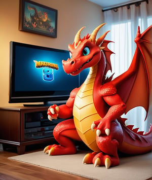 a cartoon styled dragon playing video games in a living room, tv, game console, game controller, masterpiece, best quality, great detail, creative, imaginative design, 
