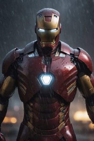 Portrait of very big body muscular Iron Man, wide  neck, very very wet rain, face  portrait, stormy  weather, snowing, leading, closeup, night, in front of hell, dark outfit, Detailed, with light reflection, Storming ، movie, battle, many particles, hyper-realistic, award-winning, 8k