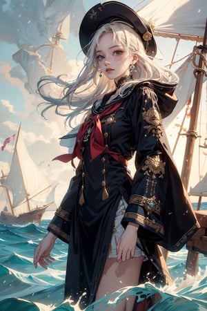 (masterpiece)  A seasoned sailor, standing at the helm of a ship, navigating through stormy seas with a map in hand. The character's expression should convey determination and focus as they chart their course through rough waters.

The sailor is dressed in traditional maritime attire, wearing a well-worn but sturdy captain's coat that billows in the wind. The coat is adorned with nautical symbols and patches that hint at previous voyages and maritime achievements. Underneath, they wear practical, salt-stained clothing suitable for the rigors of life at sea.

Their hands, calloused and roughened by years of handling ropes and sails, grip the ship's wheel with a firm and confident hold. The sleeves of their coat are rolled up, revealing strong, weather-beaten forearms that showcase the physical strength required for a life on the open sea.

A wide-brimmed hat shields the sailor's face from the driving rain, with strands of salt-soaked hair escaping from beneath. Their face is etched with wrinkles, telling tales of countless adventures and challenges faced on the high seas. The sailor's eyes, however, gleam with a spark of determination and wisdom, revealing the resilience that comes from navigating through storms both literal and metaphorical.

Around the sailor's neck hangs a compass on a weathered chain, a symbol of their unwavering commitment to charting a course through uncharted waters. The compass needle points true, guiding them through the storm with a blend of skill and intuition.

Overall, the seasoned sailor exudes a timeless, seafaring charm, embodying the archetype of a master navigator who has weathered the harshest seas and emerged stronger and wiser.(Miho Hirano art)