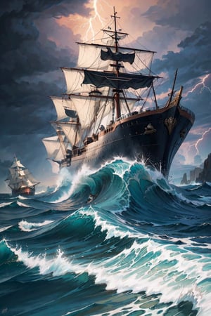 (masterpiece)  The Maritime Explorer stands resolute at the helm of a sturdy ship as it battles through tumultuous, stormy seas. The waves rise like angry giants around the vessel, crashing against the hull. Dark clouds loom overhead, occasionally illuminated by flashes of lightning, casting an eerie glow on the scene. Rain pours in sheets, creating a sense of urgency and intensity.

In the distance, jagged rocks and treacherous cliffs jut out from the water, emphasizing the danger of the journey. The sea is alive with churning foam and the roar of thunder, creating an atmosphere of both awe and peril. Seabirds swirl overhead, perhaps sensing the impending adventure or seeking refuge from the tempest.

Amidst this chaotic backdrop, the Maritime Explorer holds a weathered map tightly, tracing their finger across it to find the safest route through the storm. Their face is marked with determination, and their posture exudes a sense of mastery over the maritime challenges they face. The ship itself is a sturdy vessel, adorned with nautical symbols and weathered by countless journeys.

This setting not only captures the essence of a perilous sea expedition but also emphasizes the explorer's skill in navigating through adversity. It creates a visually striking scene that conveys the spirit of charting a course through the unknown, (Miho Hirano art)