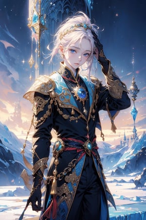 (masterpiece), A (1MALE) psychic mage stands, hands grabing head in pain, (magical ice around head), (Masterpiece:1.3) (best quality:1.2) (high quality:1.1), The landscape is surreal, with fantasy buildings (Yoshitaka Amano, Miho Hirano Style),