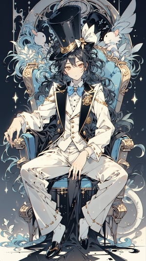 top hat, rat-like humanoid monster, sitting, bowtie, male focus, bow, vest, formal, chair, suit, pants, gloves, buttons