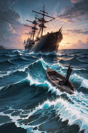 (masterpiece)  The Maritime Explorer stands resolute at the helm of a sturdy ship as it battles through tumultuous, stormy seas. The waves rise like angry giants around the vessel, crashing against the hull. Dark clouds loom overhead, occasionally illuminated by flashes of lightning, casting an eerie glow on the scene. Rain pours in sheets, creating a sense of urgency and intensity.

In the distance, jagged rocks and treacherous cliffs jut out from the water, emphasizing the danger of the journey. The sea is alive with churning foam and the roar of thunder, creating an atmosphere of both awe and peril. Seabirds swirl overhead, perhaps sensing the impending adventure or seeking refuge from the tempest.

Amidst this chaotic backdrop, the Maritime Explorer holds a weathered map tightly, tracing their finger across it to find the safest route through the storm. Their face is marked with determination, and their posture exudes a sense of mastery over the maritime challenges they face. The ship itself is a sturdy vessel, adorned with nautical symbols and weathered by countless journeys.

This setting not only captures the essence of a perilous sea expedition but also emphasizes the explorer's skill in navigating through adversity. It creates a visually striking scene that conveys the spirit of charting a course through the unknown, (Miho Hirano art)