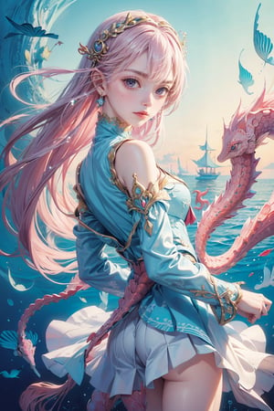 masterpiece, white backhround, beautiful, woman in a blue and white outfit with, fine details, anime, Miho Hirano style, humanoid pink female seahorse, covered with fish scales, Miho Hirano art