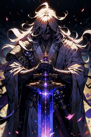 EpicGhost, (Anime style, Guvez style, long hair white robe, holding a sword, flowing white robe, blindfolded, Yang J, Zhiding, handsome art painting, beautiful character painting, Shi Tao)