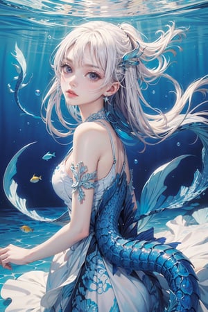 masterpiece, white backhround, beautiful, woman in a blue and white outfit with, fine details, anime, Miho Hirano style, humanoid blue female seahorse, covered with fish scales, Miho Hirano art