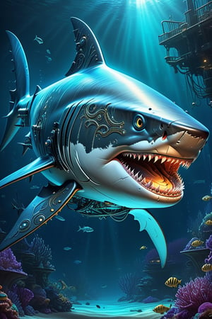 Illustration of a magical undead (robot shark), digital illustration, awesome background, (hyperdetailed), uhd, professional concept art, hybrid 2d 4d style, 8k resolution, decora lines, dripping with atmosphere, sparks, illustrative, painting, set underwater, (metal shark), (adorned with intricate circuit patterns and glowing LED lights), patrols the depths of a futuristic ocean. Schools of fish swim alongside it