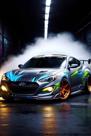 Tuning, Nebel, Rauch, Neon Licht, Auto Hyundai Fastback, Grafitti, schwarzer hintergrund, cartoon, Need for Speed, Movie Poster, ganzes Auto abbilden