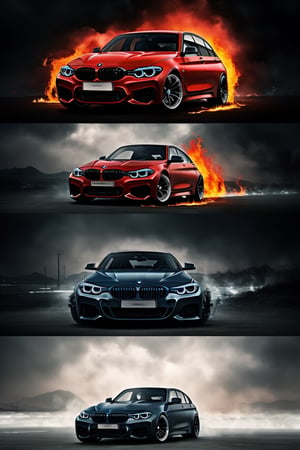 Grafitti, Fire & Ice, Thunder, Concept Cars, BMW Combi, more Tuning, Neonlight, Fog, Spoiler, Rennstrecke, Black Car, Schwarzer Hintergrund, red rims, 