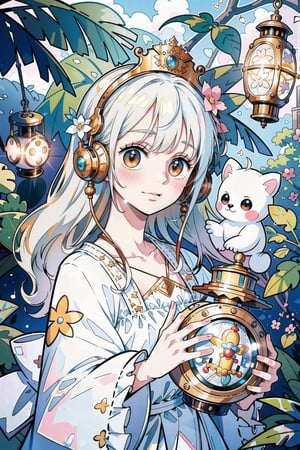 (masterpiece, best quality, highres:1.3), ultra resolution image, (1girl), (solo), kawaii, white hair, fluffy clouds, sweet, stuffed animal, tree house, lantern softly glowing, fantasy, dreamy, joyful energy, gentle, dreamy, cozy, charm of childhood, (nature music box:1.5), tiny flower crown, delight, innocent, liveliness, nature accessories, garden, gentle breeze,NamiOP