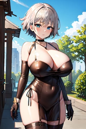 masterpiece, best quality, highres, aki1, izayoi aki, solo, gloves, elbow gloves, breasts, jewelry, cleavage, choker, necklace, black thighhighs, black gloves, huge breasts, bursting breasts, standing, cowboy shot, outdoors,, short hair,aaai,NamiOP,uh1