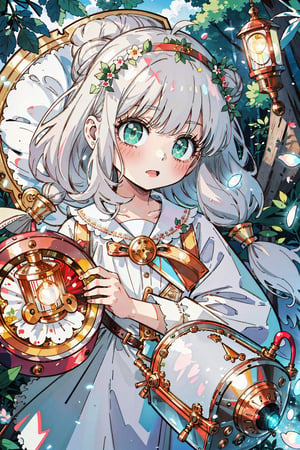 (masterpiece, best quality, highres:1.3), ultra resolution image, (1girl), (solo), kawaii, white hair, fluffy clouds, sweet, stuffed animal, tree house, lantern softly glowing, fantasy, dreamy, joyful energy, gentle, dreamy, cozy, charm of childhood, (nature music box:1.5), tiny flower crown, delight, innocent, liveliness, nature accessories, garden, gentle breeze,anya_forger_spyxfamily