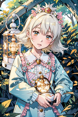 (masterpiece, best quality, highres:1.3), ultra resolution image, (1girl), (solo), kawaii, white hair, fluffy clouds, sweet, stuffed animal, tree house, lantern softly glowing, fantasy, dreamy, joyful energy, gentle, dreamy, cozy, charm of childhood, (nature music box:1.5), tiny flower crown, delight, innocent, liveliness, nature accessories, garden, gentle breeze,sora_takenouchi