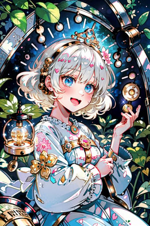 (masterpiece, best quality, highres:1.3), ultra resolution image, (1girl), (solo), kawaii, white hair, fluffy clouds, sweet, stuffed animal, tree house, lantern softly glowing, fantasy, dreamy, joyful energy, gentle, dreamy, cozy, charm of childhood, (nature music box:1.5), tiny flower crown, delight, innocent, liveliness, nature accessories, garden, gentle breeze,uh1