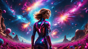 ultra realistic 8k cg, flawless, clean, masterpiece, professional artwork, famous artwork, cinematic lighting, cinematic bloom,  abstract and colorful style, magenta and blue, background focus,,  vast galaxy, cosmic energy, 1girl standing and looking at the sky, colorful splashes,(((monolithic))), deep space, floating, ((no characters)),  artwork in 8 style drawn inside graphic illustration studio quality hdr in unreal engine and octane realistic 8, dramatic deep style, glitter,shiny,glitter