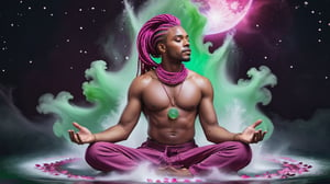 ((Astral Projection)) A beautiful black man (model) with magenta box braids hair and body resembling steam in water, meditating in lotus position and floating in the air, wearing magenta and white outfit with big half moon in the background and two big green planets. He is on fire. Aurora boreale, cosmos. Full body. Magical background. Wallpaper. Flower petals blow in the wind. It's snowing, Perfect face, perfect eyes, HD details, high details, sharp focus, studio photo, HD makeup, shimmery makeup, ((centered image)) (HD render) Studio portrait, magic, magical, fantasy.