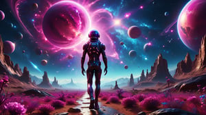 ultra realistic 8k cg, flawless, clean, masterpiece, professional artwork, famous artwork, cinematic lighting, cinematic bloom,  abstract and colorful style, magenta and blue, background focus,,  vast galaxy, cosmic energy, a man walking, two alien planets, colorful splashes,(((monolithic))), deep space, floating, ((no characters)),  artwork in 8 style drawn inside graphic illustration studio quality hdr in unreal engine and octane realistic 8, dramatic deep style, glitter,shiny,glitter