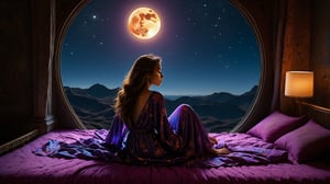 In a peaceful scene under the stars, a beautiful girl lies on a soft bed, wearing comfortable nightgown and sleepwear to help her relax after a long day. Covered by a light orange soft and fluffy quilt, it is comfortable and enjoyable. Pajamas and pajamas are made of soft and comfortable fabrics to provide maximum comfort, with a beloved teddy bear in your arms symbolizing warmth, security and childhood nostalgia. The background is set against the vast starry sky, creating a tranquil and dreamy atmosphere. Twinkling stars light up the night, evoking feelings of calm and tranquility.

Earth, Moon, and Sun in a syzygy, aligned amidst the vast cosmos, with a solar eclipse casting a sharp shadow on Earth.Style: Photorealism fused with gothic sci-fi and Baroque, drawing inspiration from Beksinski and Caravaggio. This approach emphasizes the ethereal vastness around the alignment, adorned with fractal patterns and cosmic colors.Details: 1girl sitting. Earth foregrounded as a delicate blue marble, shadowed subtly to highlight continents and oceans. The Moon in different positions, casts a dark umbra on Earth, depicting the path of totality. The Sun, in radiant purple and magenta, forms a stunning corona effect around the Moon.Composition: The celestial bodies are aligned against a backdrop of space, enriched with Beksinski-like surrealism and Caravaggio-inspired chiaroscuro, enhancing the scene's dramatic and mysterious quality.Render: 8K UHD, HDR, focusing on depth and clarity. The detailed rendering showcases the syzygy's precision, black theme, dark, night mode
