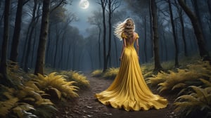 (Masterpiece, ultra detailed, hyper quality) Back view of a beautiful woman in a yellow gown walking through forest, long bonde hair, intricate beautiful gown, (moonlight streaming:1.5), moon above her,  

photo r3al,photo r3al