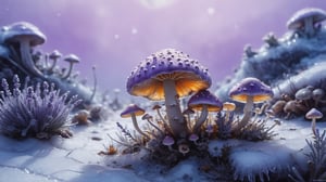 Oil painting of a cosy vintage tiny cute fungi, on a icy planet, in a. lavender haze, octane render by weta digital, exotic colorful pastel, ray traced lighting and reflections by Yoji shinkawa,detailmaster2,cinematic  moviemaker style,rebevelin