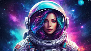 StunningDigital drawing of a beautiful, cute, attractive magical fantasy astronaut, Big colorful long hair on the helmet, with visible whole body, Tight astronaut suit, Stardust, Background galaxy, Ultra high quality clarity,