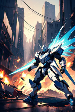A white and blue mech warrior transformer charges through the chaos of a battlefield in the future city.