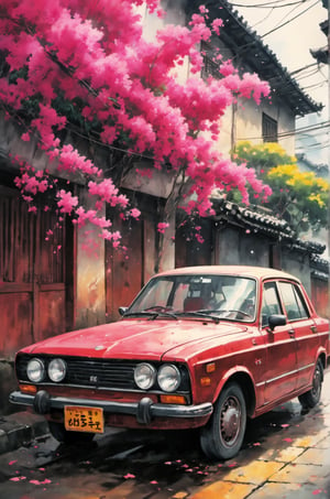 Use liquid ink to draw the world,In the streets of Taiwan in the 1980s,brick houses, drizzle, and walls covered with bougainvillea.old style car