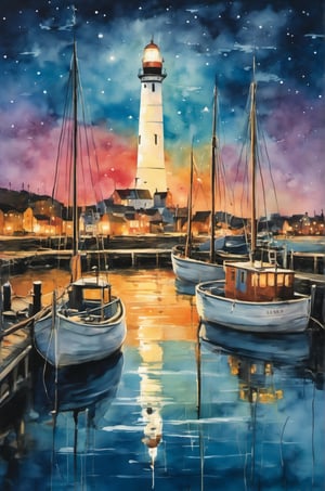 Use liquid ink to depict several sailboats moored in the harbor, with a lighthouse and fishing boats in the harbor. The boats have different colors and tall masts, which are reflected in the water. The background is a starry sky. The lights of the lighthouse and fishing port illuminate the scene.