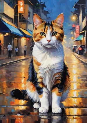 in night , A calico cat walks on the street in Taiwan, with its back to the camera, watching every move of the people on the street, Impressionist painting. Masterpiece, oil painting. Extremely high detail. High quality.,Colorful Cat