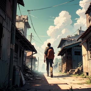 In a warm orange haze, a lone figure emerges against the reclaimed ruins of a city, now teeming with lush vegetation and vibrant greenery. The protagonist, a short-haired young man with bangs and piercings, stands tall, clutching a steel bottle in his hands. His dark-colored, post-apocalyptic attire is worn but determined expression shines through, framed by the bright blue noon sky with puffy white clouds. A small backpack adorns his back, symbolizing resilience and resourcefulness, set against the nostalgic charm of retro-illustration reminiscent of 1980s-1990s anime, as he surveys the revitalized landscape with his green eyes.