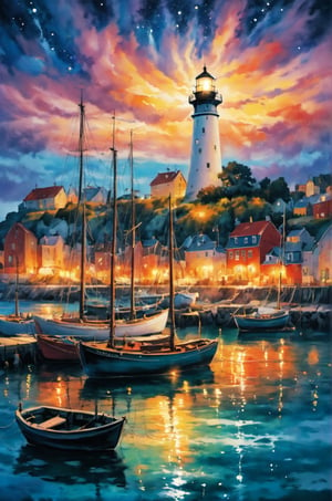 Use liquid ink to depict several sailboats moored in the harbor, with a lighthouse and fishing boats in the harbor. The boats have different colors and tall masts, which are reflected in the water. The background is a starry sky. The lights of the lighthouse and fishing port illuminate the scene.,painted world