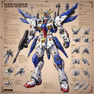 Detailed assembly instructions, written instructions, arrows and sketches for the    Wing Gundam Zero   on the board