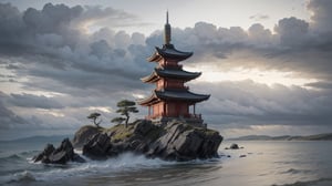 Fotorealistic close-up of a yellow ornated pagoda having grey roofs that stands on the shore of a cold sea in the far north, dominated by a huge gray rock, even the sky is gray and cloudy. Raw photo, highly detailed,japanese art